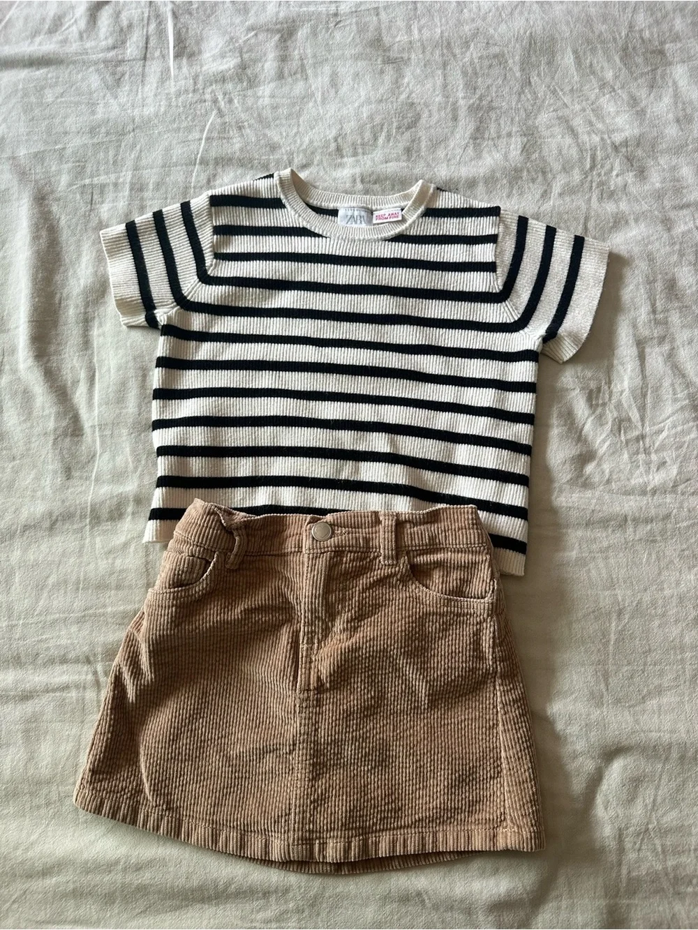 Zara Black & Cream Striped Short Sleeve Tee with Tan Corduroy Skirt